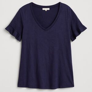 Green Envelope Women Size 2X Navy Blue V Neck Ruffle Sleeve Relaxed Fit Top